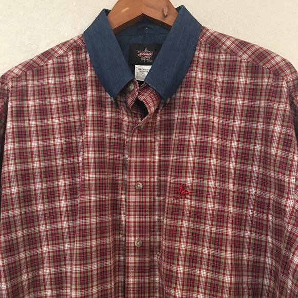 Wrangler PBR Men XL‎ Shirt Red Plaid Button Up Denim Collar 100% Cotton Workwear - Picture 2 of 9